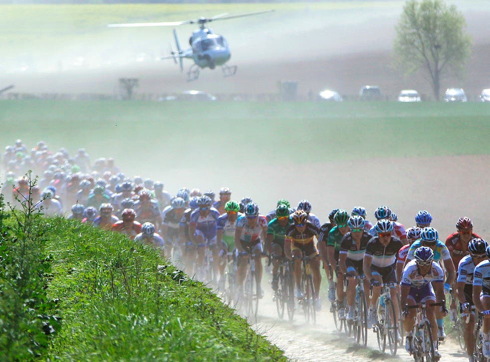 The cobblestoned section of the Paris-Roubaix classic in northern France, where punctures and crashes are common