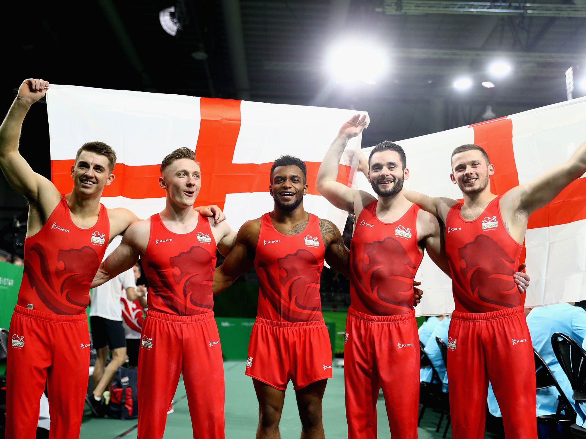 Max Whitlock, Nile Wilson, Courtney Tulloch, James Hall and Dominick Cunningham celebrate winning gold in the Men’s Team Final at the Commonwealth Games