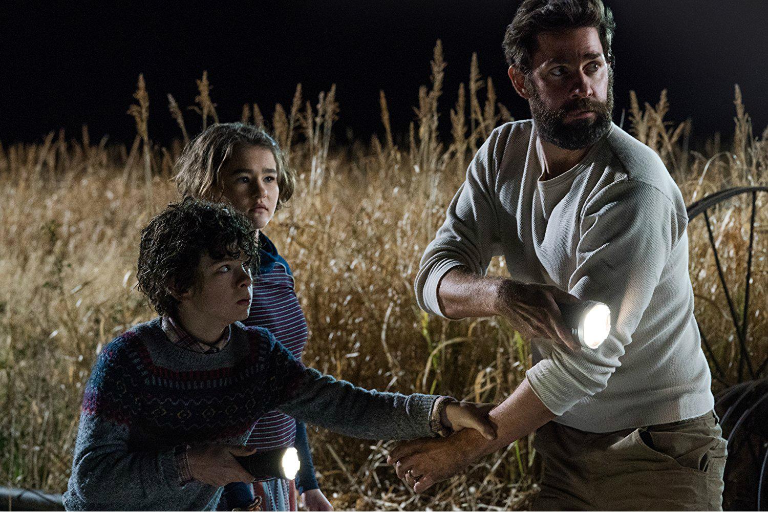 Krasinski with co-stars Noah Jupe and Millicent Simmonds in ‘A Quiet Place’