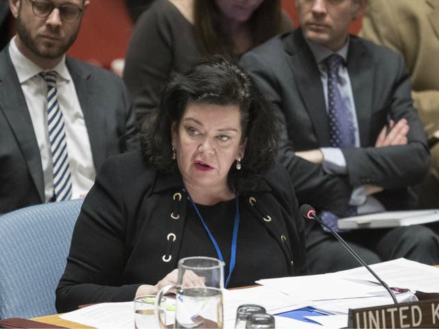 UK Ambassador to the United Nations Karen Pierce speaks during a Security Council meeting on the situation between UK and Russia on 5 April 2018.