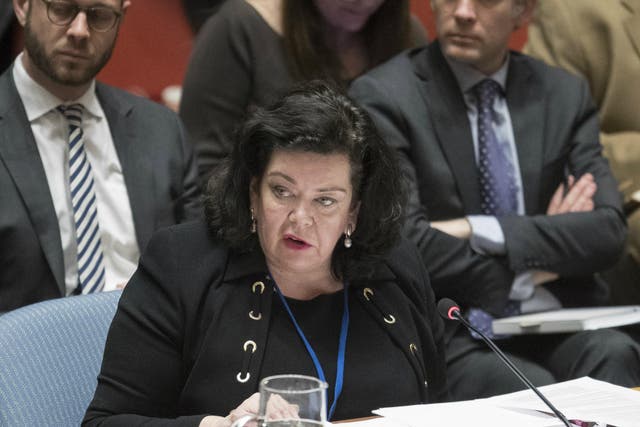 UK Ambassador to the United Nations Karen Pierce speaks during a Security Council meeting on the situation between UK and Russia on 5 April 2018.
