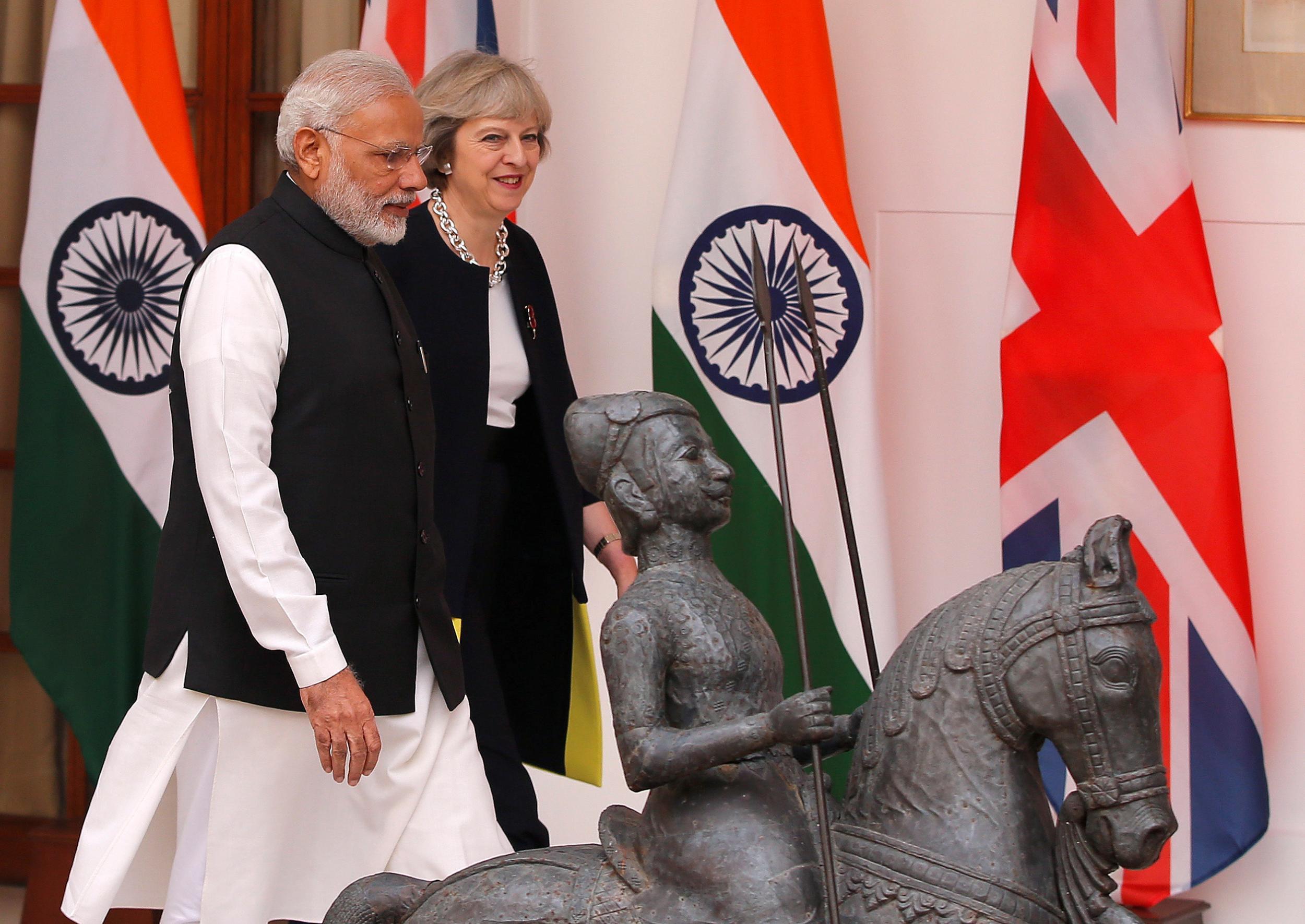 Theresa May and Indian prime minister Narendra Modi at a meeting in November 2016