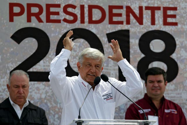 Leftist front-runner Andres Manuel Lopez Obrador of the National Regeneration Movement (Morena) addresses supporters during a campaign rally in Nuevo Laredo, Mexico