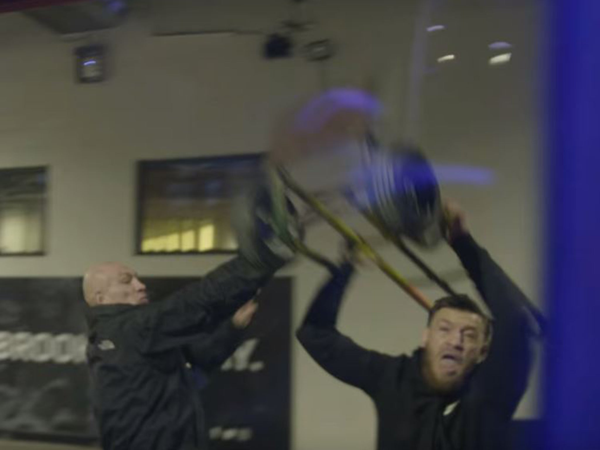 McGregor throws the trolley at the bus of Nurmagomedov at the UFC 223 media day