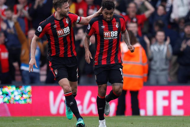 Joshua King is congratulated by Bournemouth captain Simon Francis in the 2-2 draw with Crystal Palace