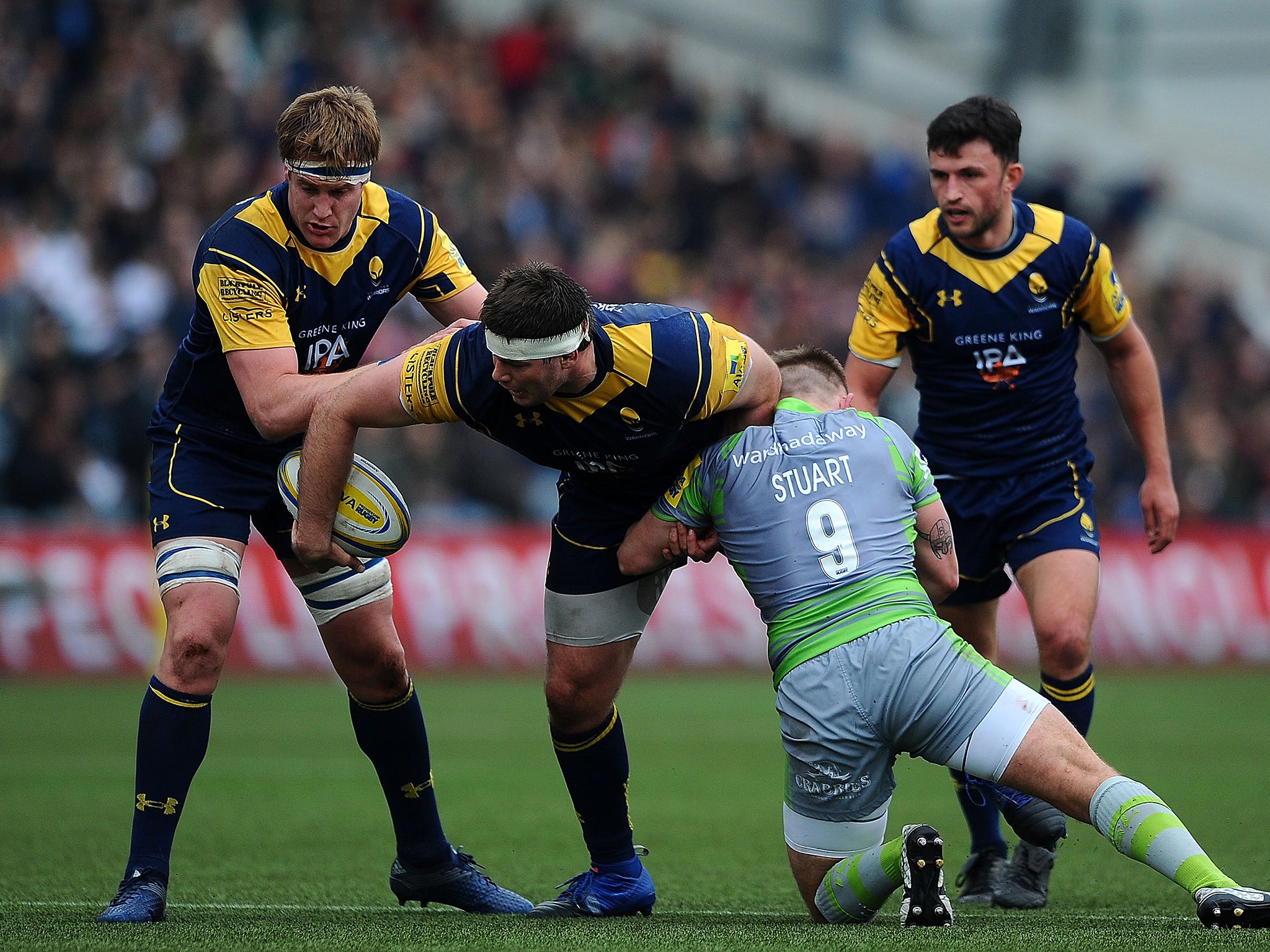 Ryan Bower flicks the ball out the back of his hand as Worcester attack