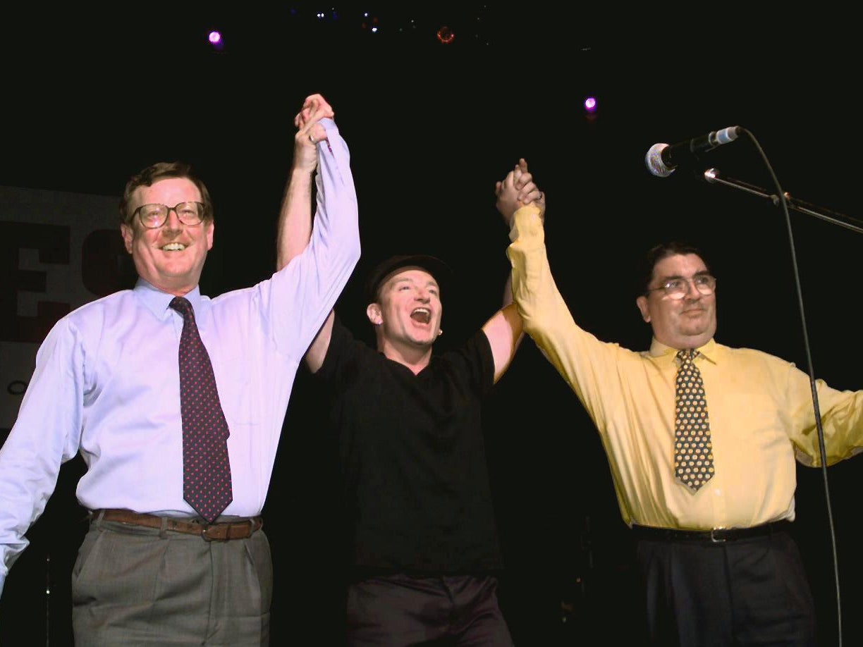 David Trimble and John Hume were pictured on stage with Bono after brokering the Good Friday Agreement