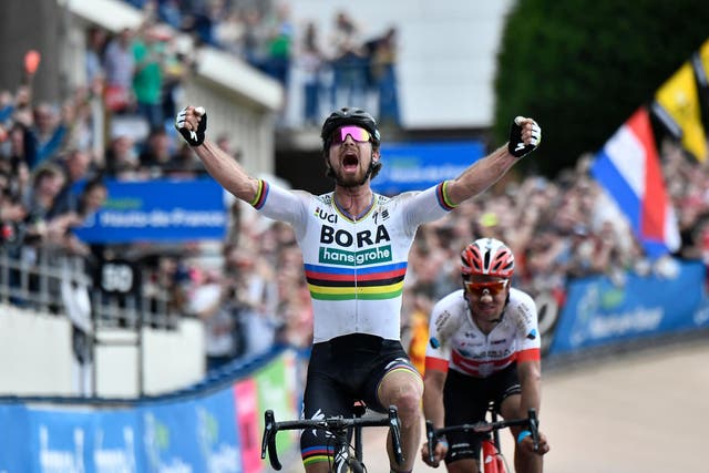 Peter Sagan celebrates clinching the 116th Paris-Roubaix