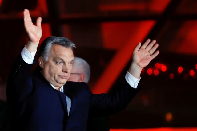 Viktor Orban addresses his cheering supporters after declaring victory