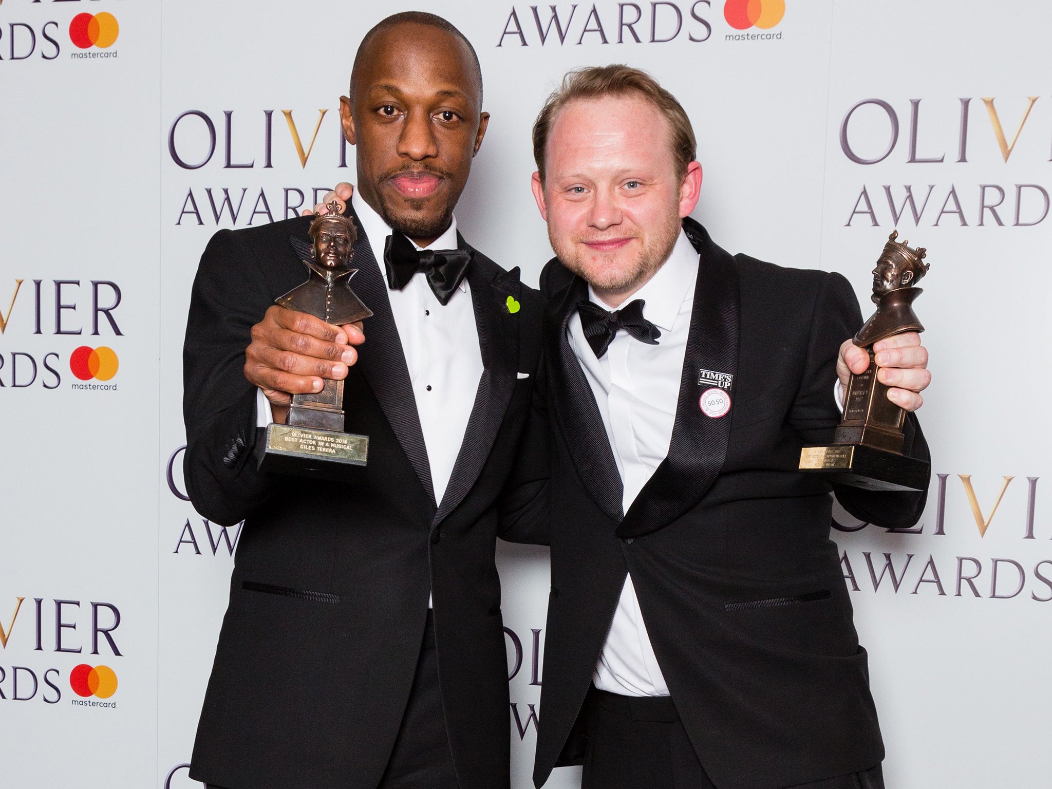 Giles Terera with the award for best actor in a musical and Michael Jibson accepts the award for best actor in a supporting role in a musical. (Rex )