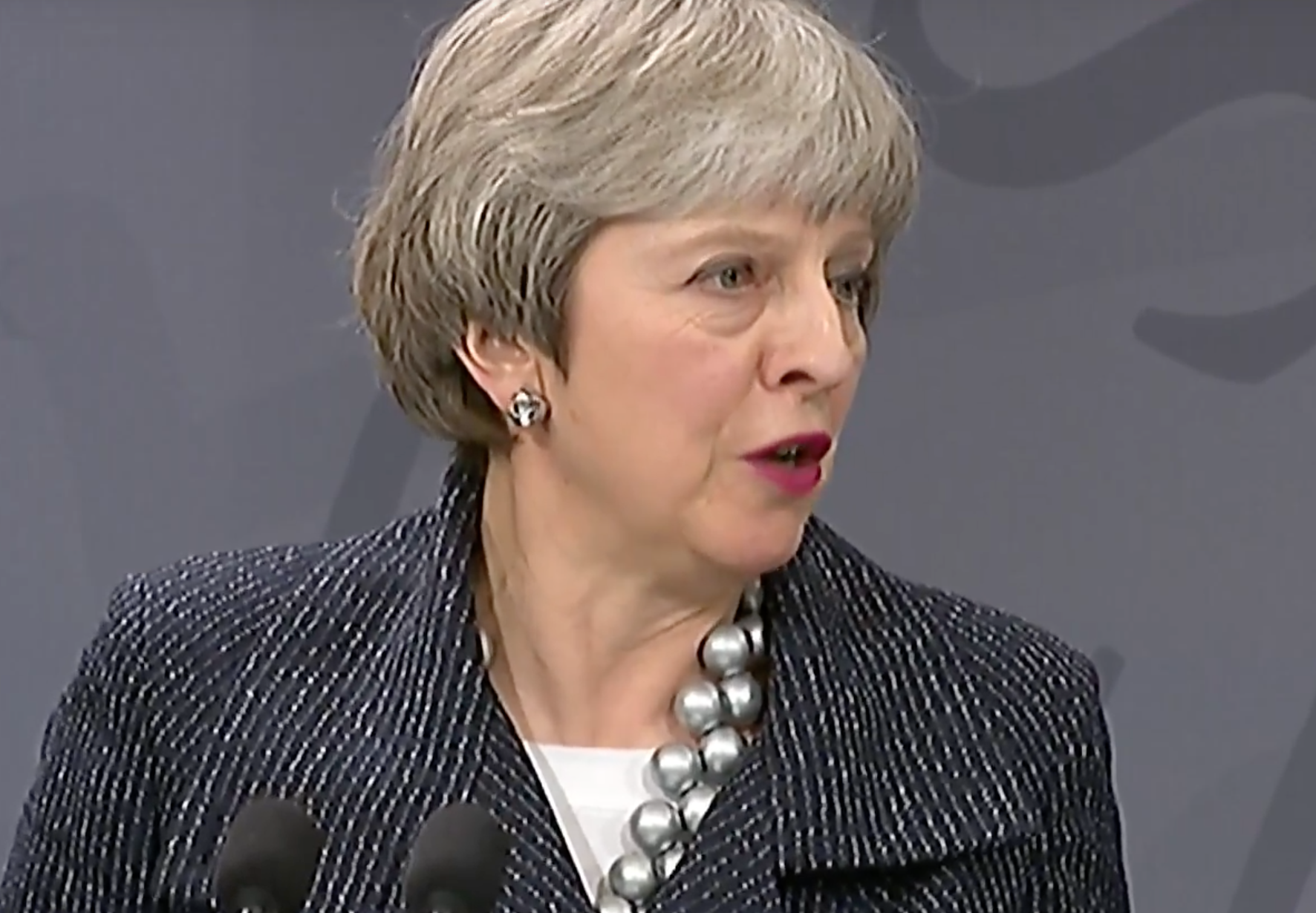 Theresa May speaking at the press conference in Denmark