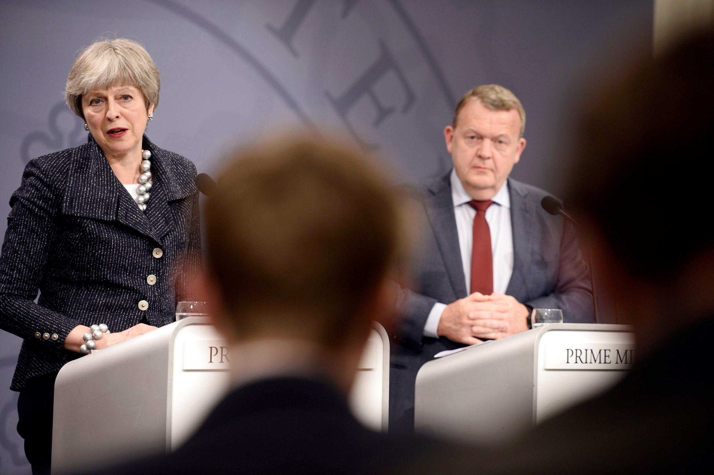 Theresa May at the joint press conference with Danish Prime Minister Lars Loekke Rasmussen at the Christiansborg Castle in Copenhagen