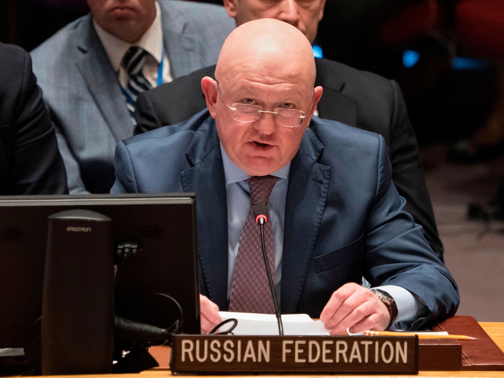The Russian ambassador to the UN, Vassily Nebenzia, discusses threats to international peace and security at an emergency Security Council session