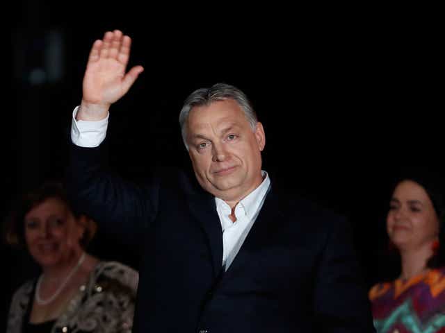 Viktor Orban, Hungary's prime minister, addresses supporters after the announcement of the partial results of parliamentary election in Budapest, Hungary