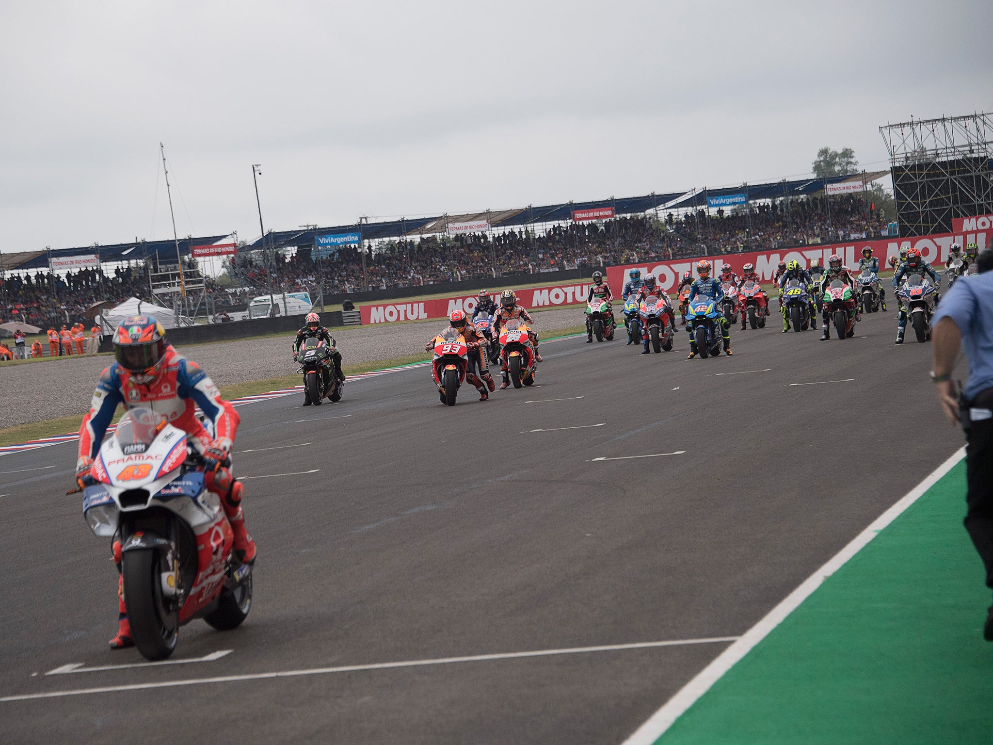 The race started in bizarre circumstances with all riders except Jack Miller serving a penalty