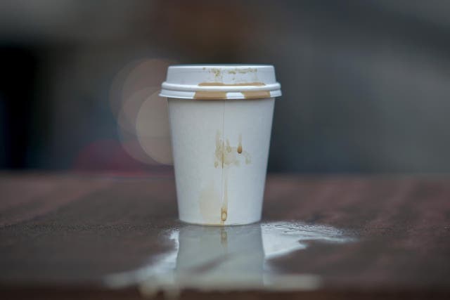 A disposable coffee cup sits on a wall on January 05, 2018 in Manchester, England.
