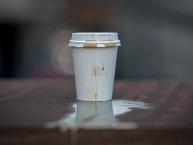 A disposable coffee cup sits on a wall on January 05, 2018 in Manchester, England.