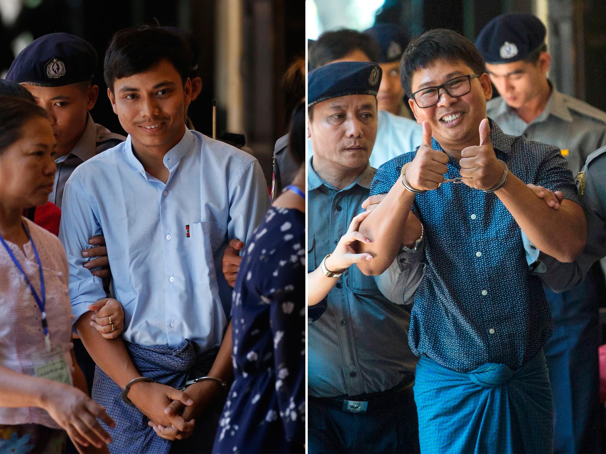Kyaw Soe Oo (left) and Wa Lone will be charged under the colonial-era Official Secrets Act, which carries a maximum penalty of 14 years in prison