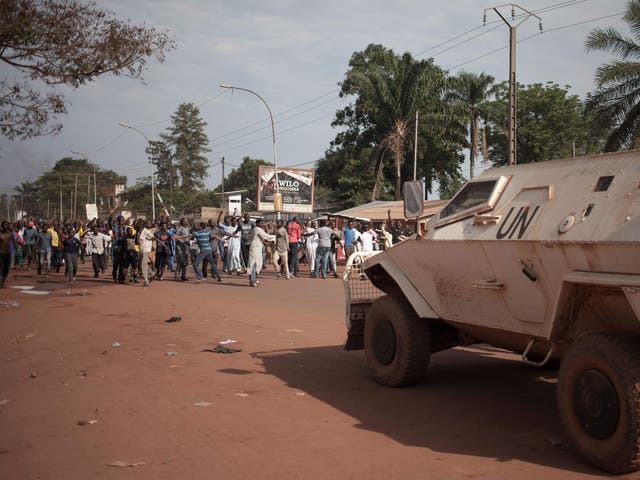 The inhabitants of the mainly Muslim PK5 neighbourhood demonstrate in front of the headquarters of Minusca, the UN peacekeeping mission in the Central Africa Republic, in Bangui