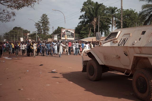 The inhabitants of the mainly Muslim PK5 neighbourhood demonstrate in front of the headquarters of Minusca, the UN peacekeeping mission in the Central Africa Republic, in Bangui