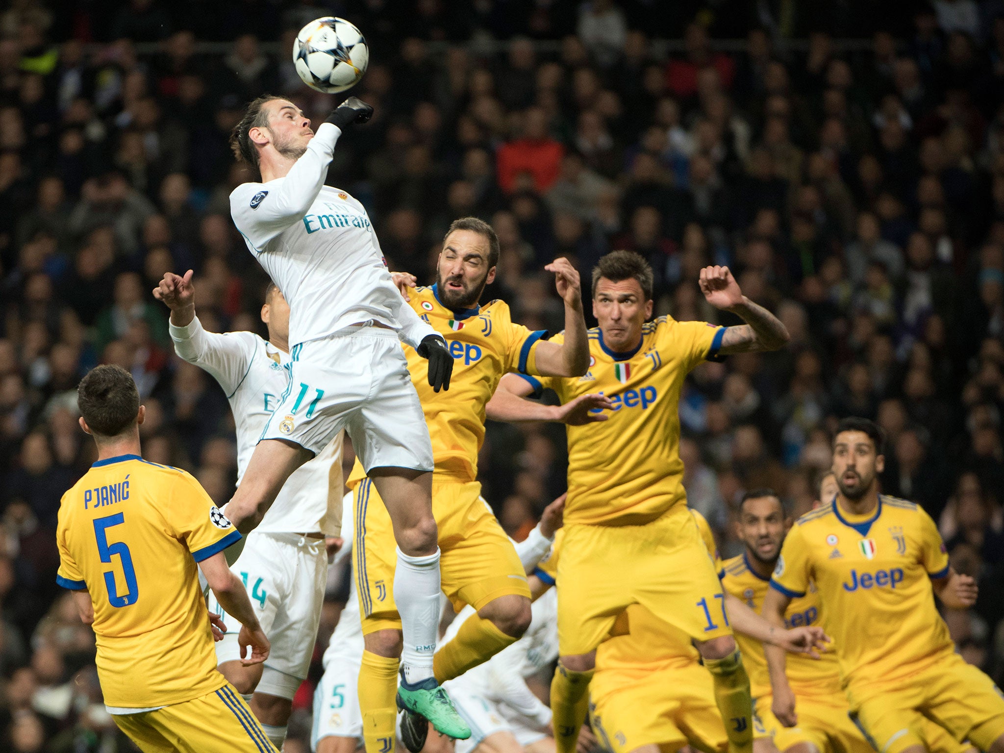 Gareth Bale rises highest to meet a Real Madrid corner ball