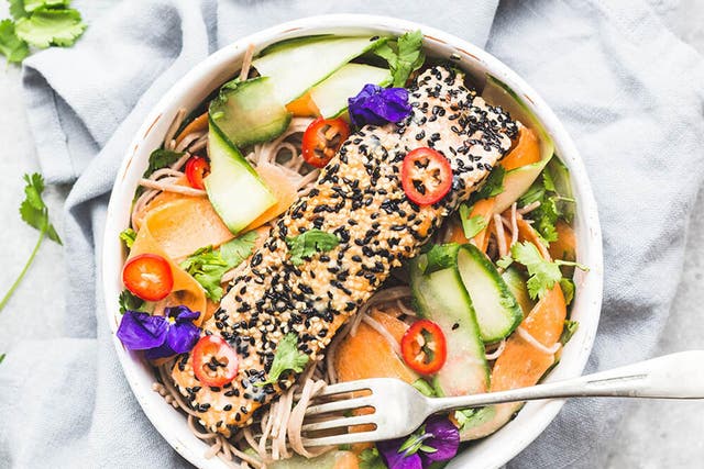 Sesame crusted salmon and buckwheat noodles, recipe from Mindful chef