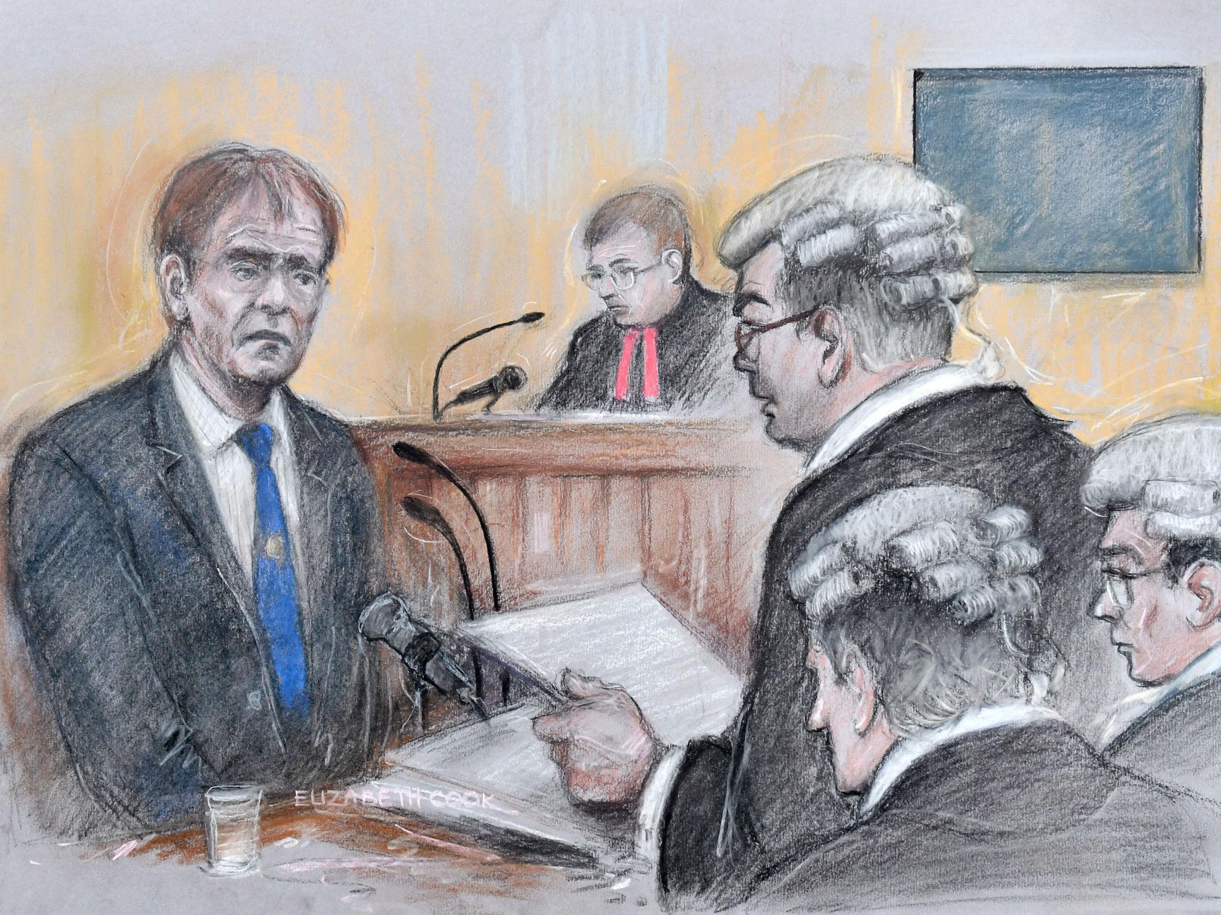 A court sketch of Sir Cliff Richard giving evidence