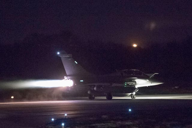 A French Dassault Rafale fighter aircraft prepares to take off for airstrikes in Syria