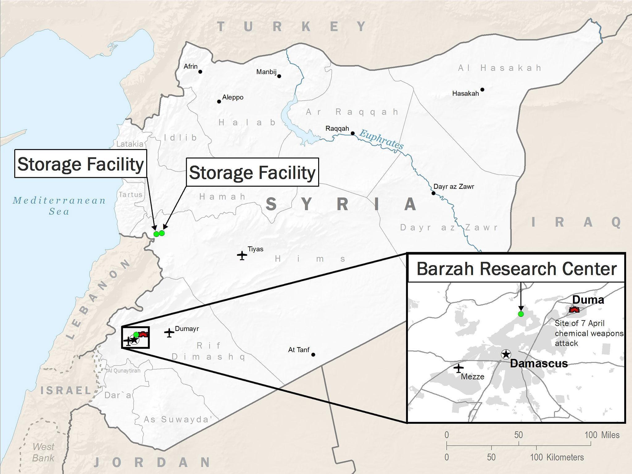 A map showing the location of the air strikes carried out in Syria overnight