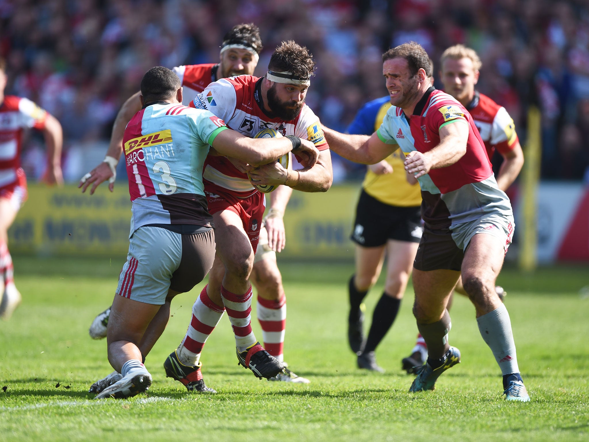 Jeremy Thrush attempts to break through the Harlequins defence