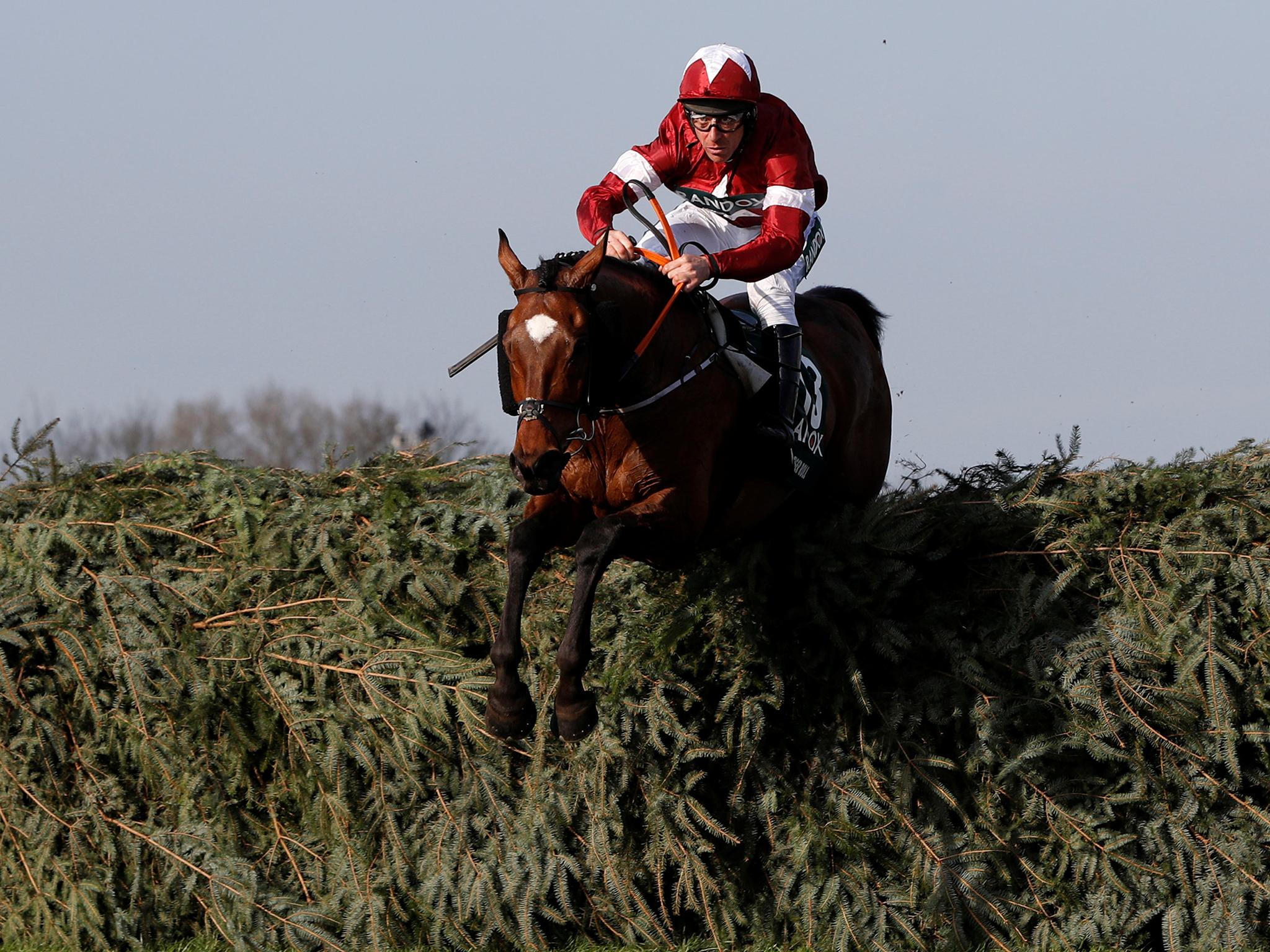 Tiger Roll and Davy Russell leap over a fence on their way to glory in the Grand National