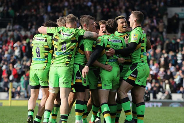 Northampton Saints celebrate their surprise victory over Leicester
