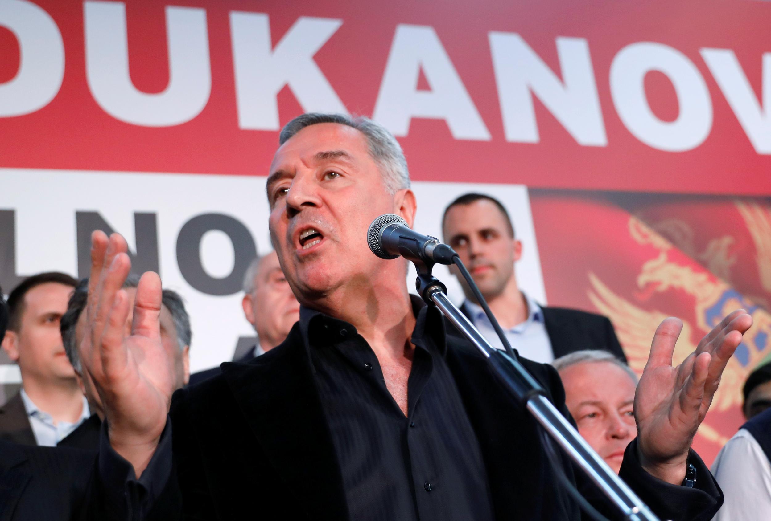 Milo Djukanovic speaks to supporters at his party headquarters in Podgorica, Montenegro