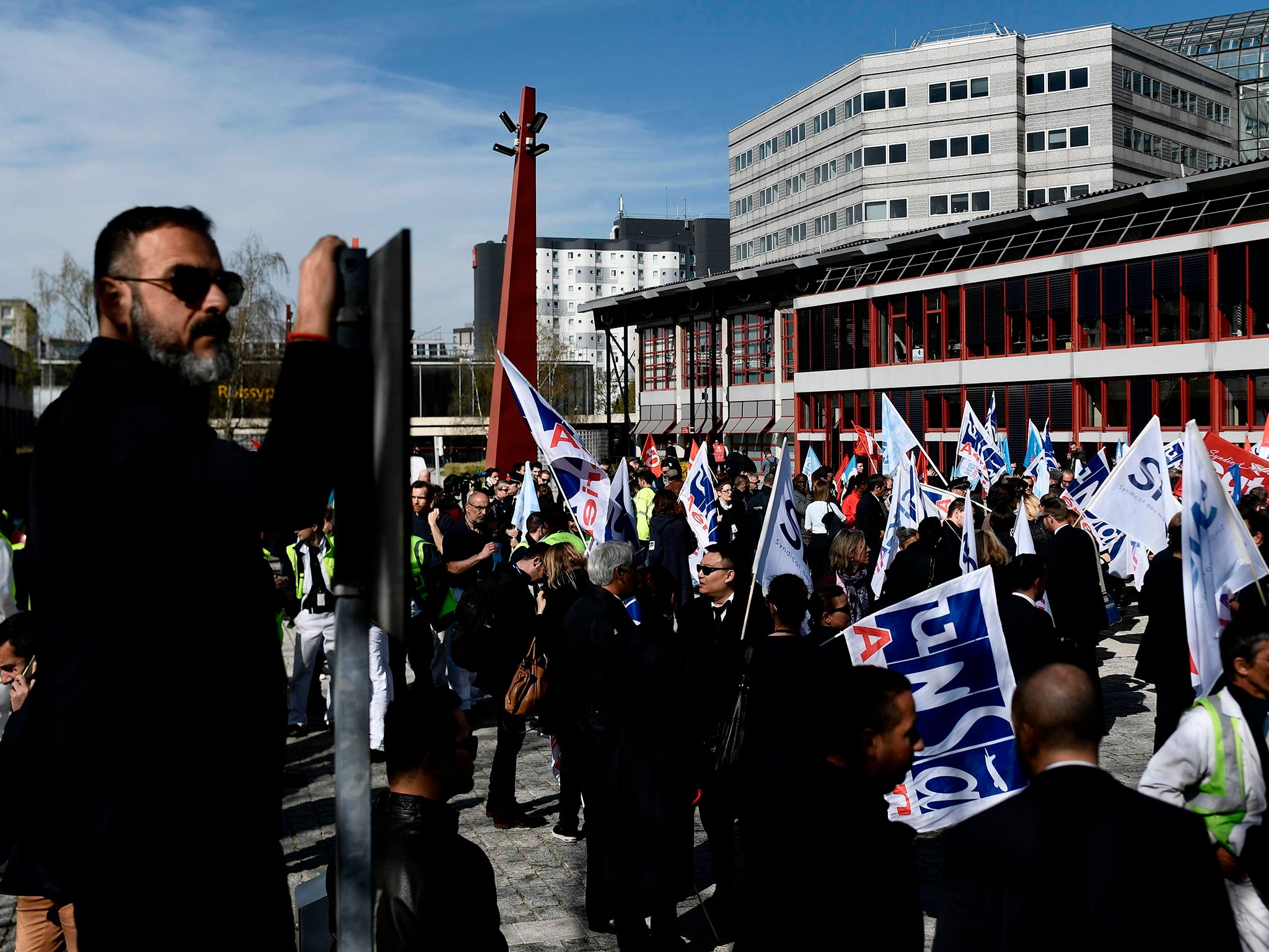 Air France employees stage a demonstration at the company's headquarters in Paris.