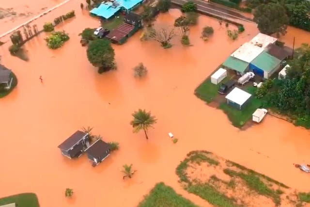 An image taken from a US Coast Guard video shows flooding along Kauai's Hanalei Bay in Hawaii