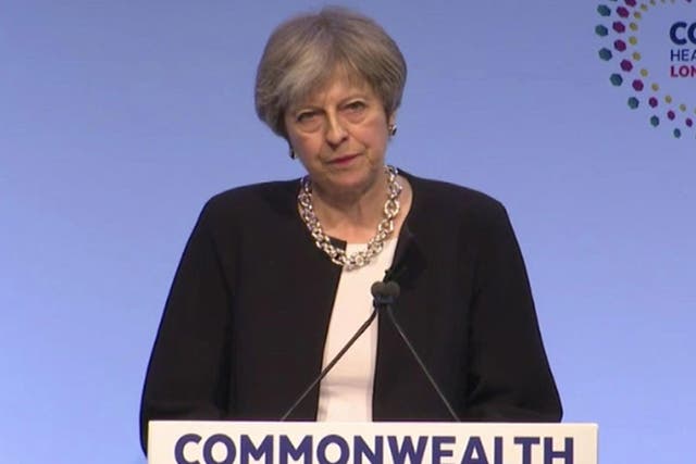 Theresa May speaks at the Commonwealth Heads of Government meeting conference