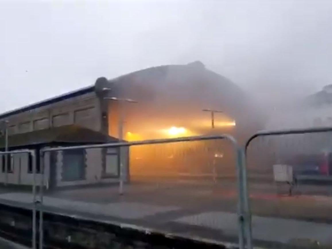A fire at a train at Penzance railway station in Cornwall, the terminus of the Cornish main line from Plymouth