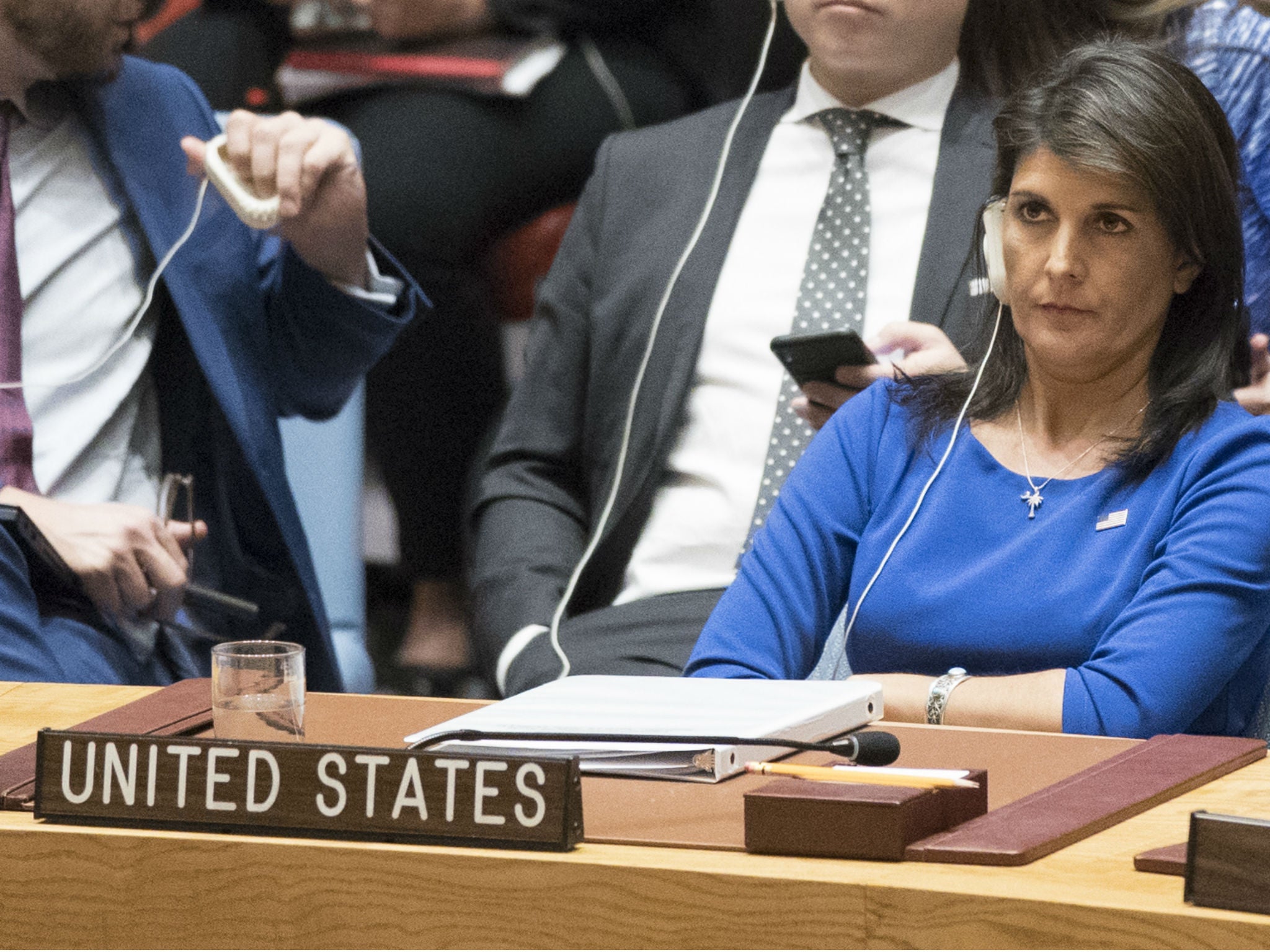 American Ambassador to the United Nations Nikki Haley listens during a Security Council meeting on the situation in Syria United Nations headquarters