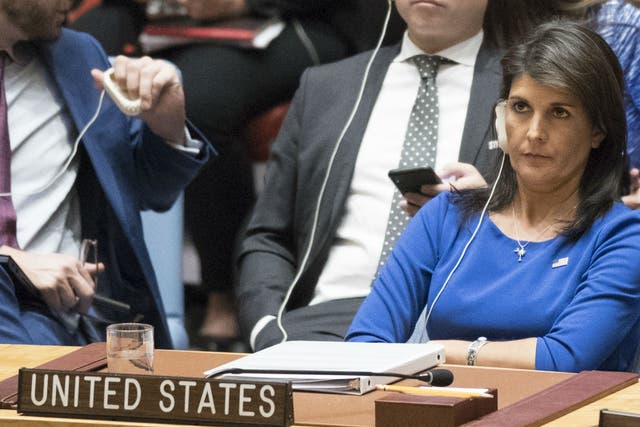 American Ambassador to the United Nations Nikki Haley listens during a Security Council meeting on the situation in Syria United Nations headquarters