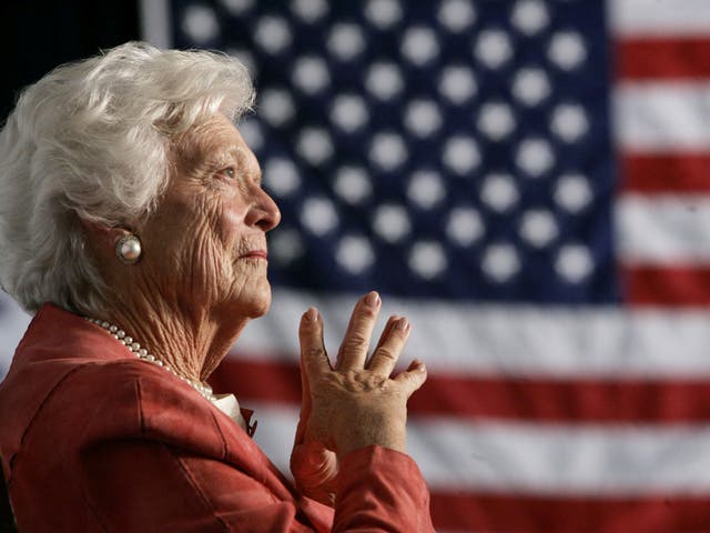 Former US first lady Barbara Bush listens to her son, President George W Bush, as he speaks at an event on social security reform in Orlando, Florida March 18, 2005