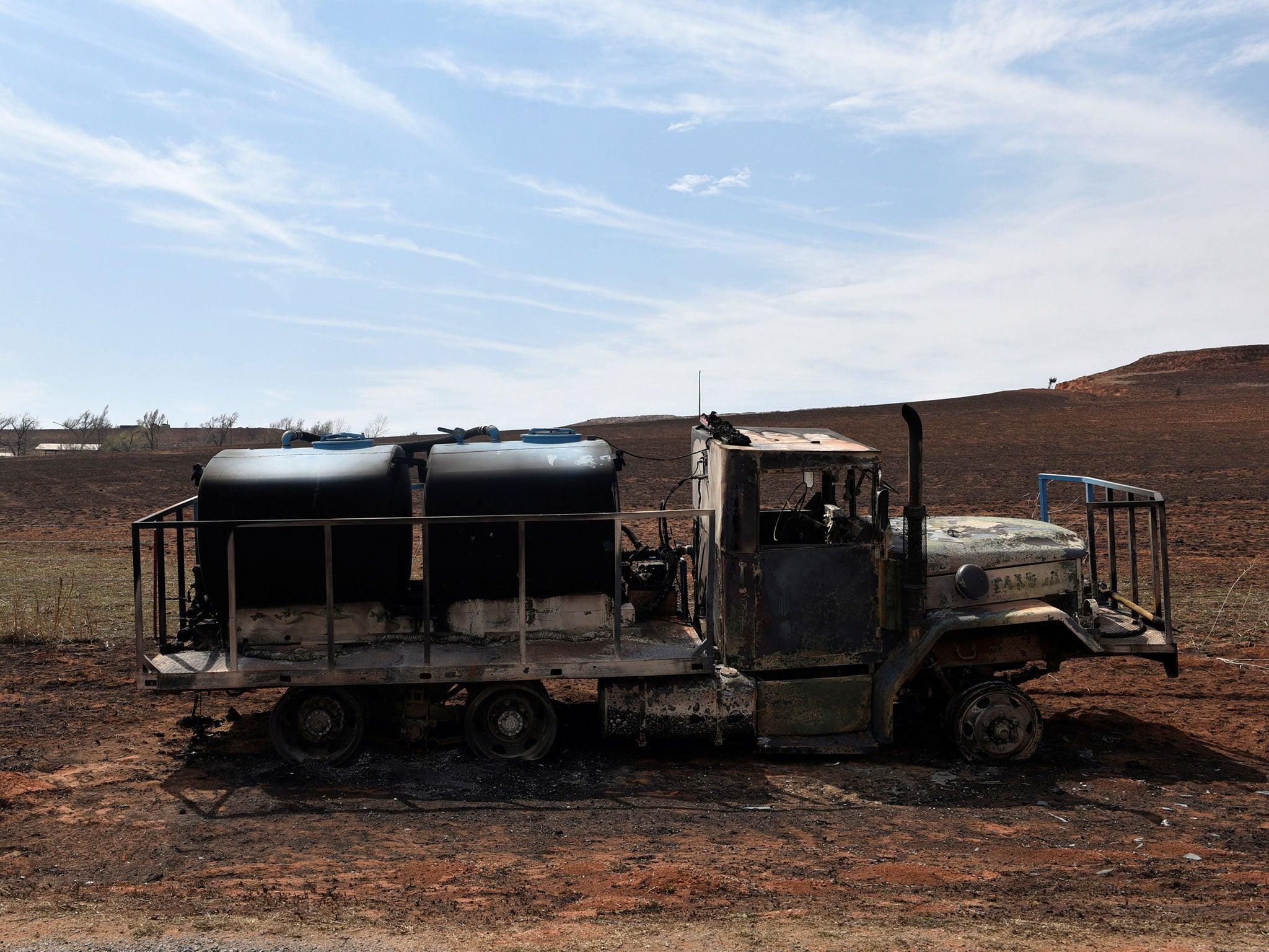 A firetruck which was destroyed by the Rhea Fire near Taloga, Oklahoma