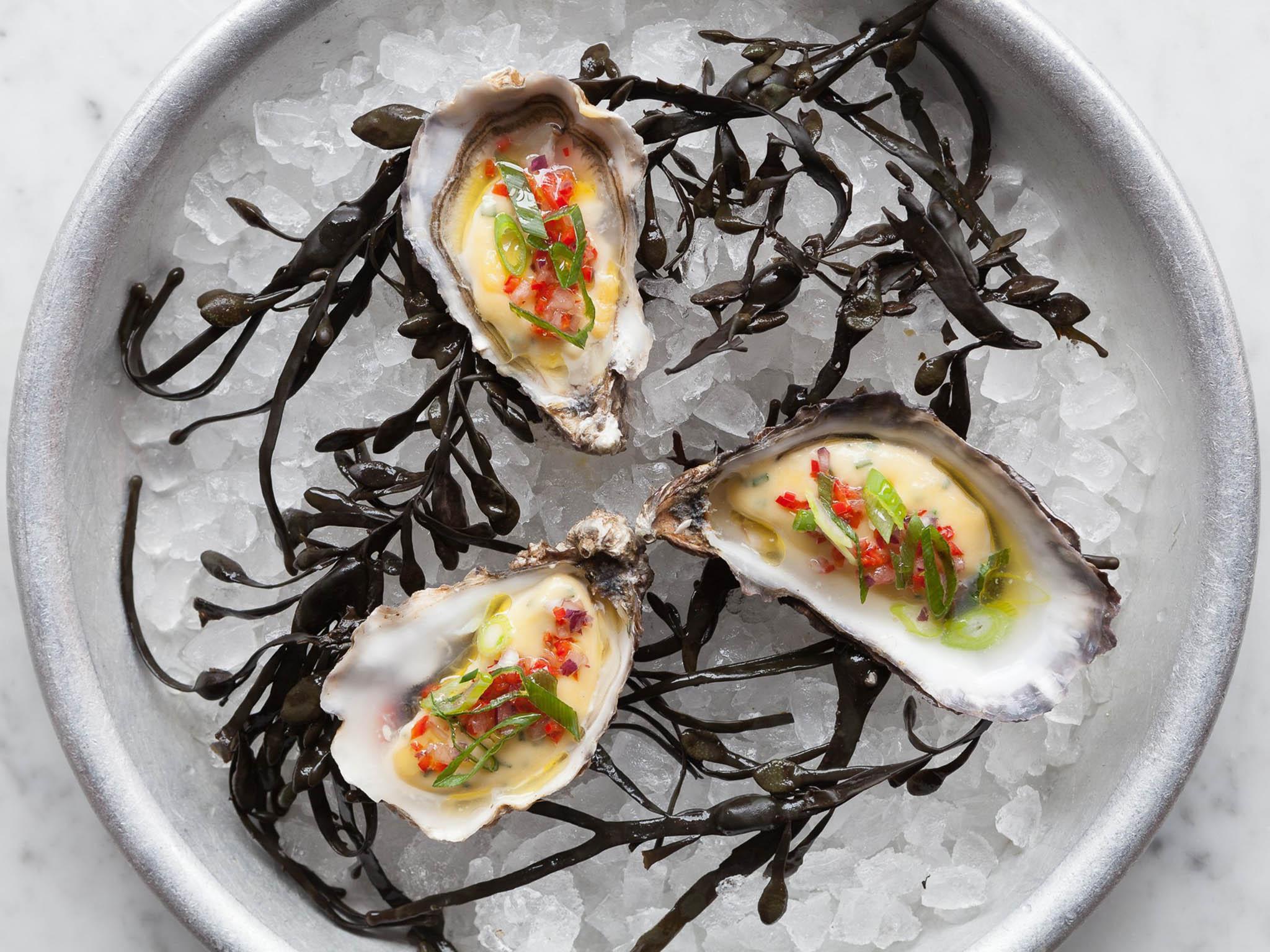 Created especially for London Oyster Week by the Wright Brothers are the chardonnay sabayon, red onion relish and olive oil dressed oysters