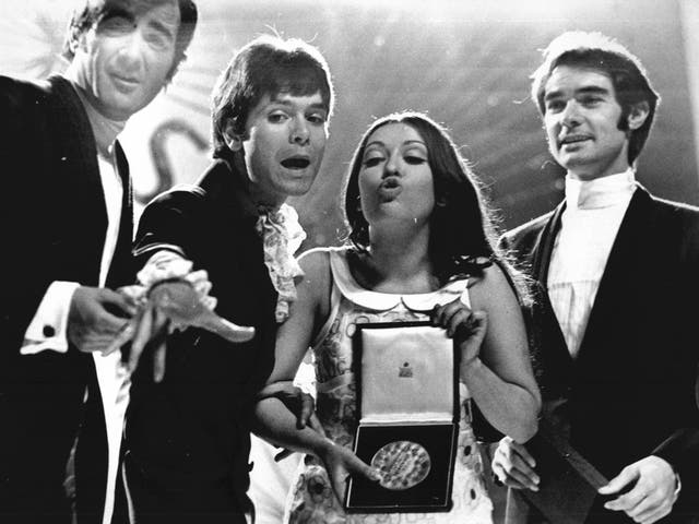 Cliff Richard with the winner of the 1968 Eurovision Song Contest, Spain's Massiel, with her song's composers Manuel De La Calva and Ramon Arcusa