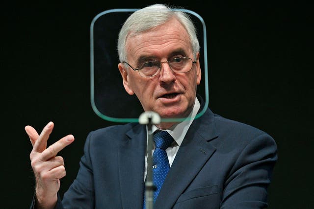 Britain's opposition Labour Party Shadow Chancellor John McDonnell delivers a speech at Bloomberg Headquarters in London
