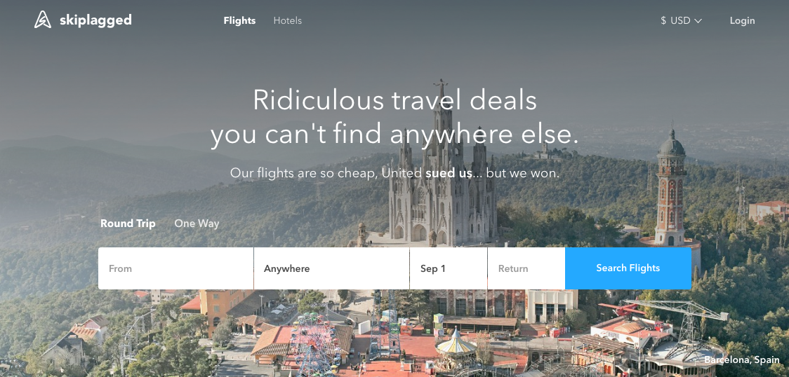 The site exposes loopholes in airfare pricing (Skiplagged)