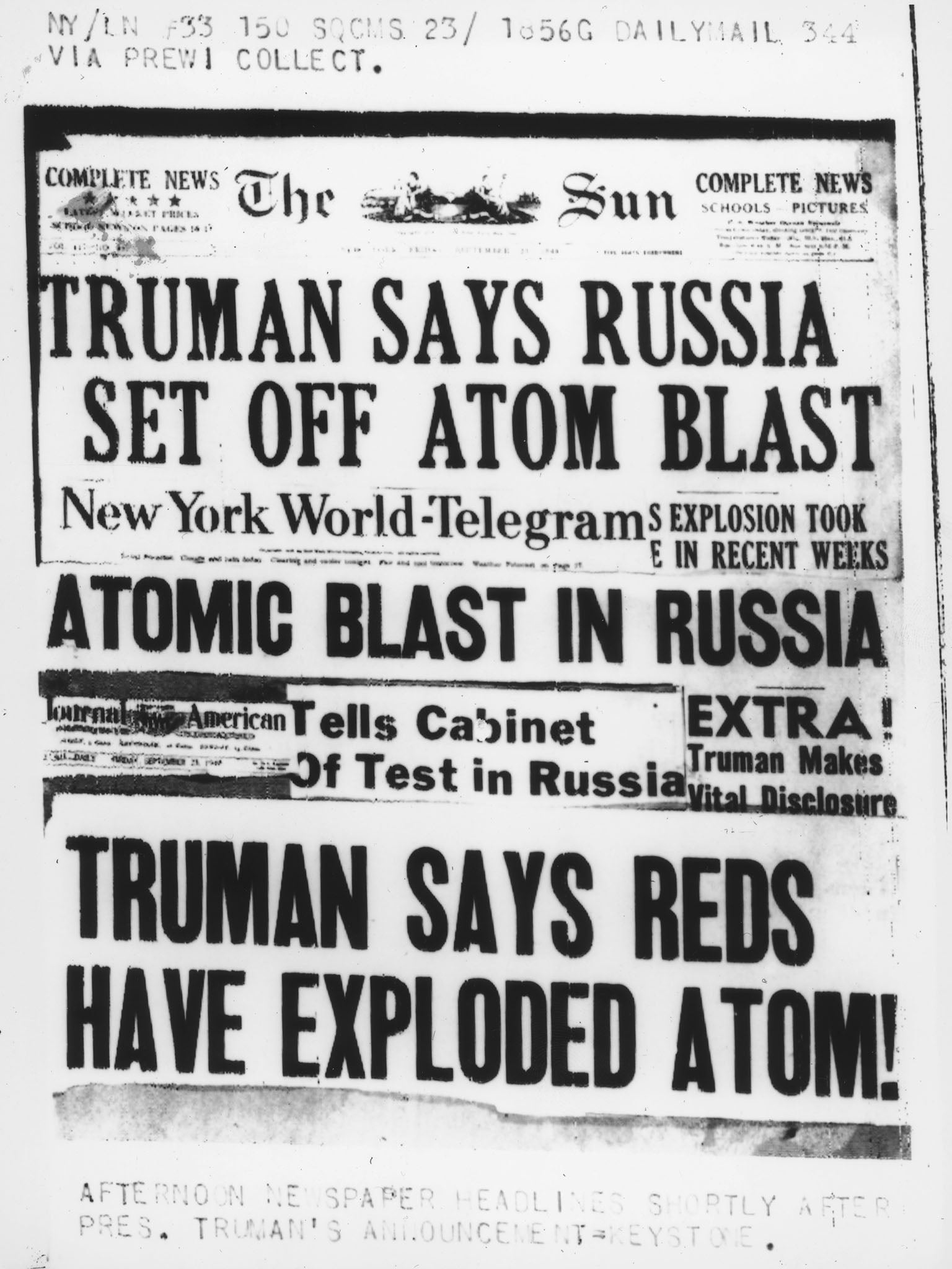 A selection of US newspaper headlines on President Truman’s announcement that Soviet Union had conducted its first nuclear weapon test in 1949