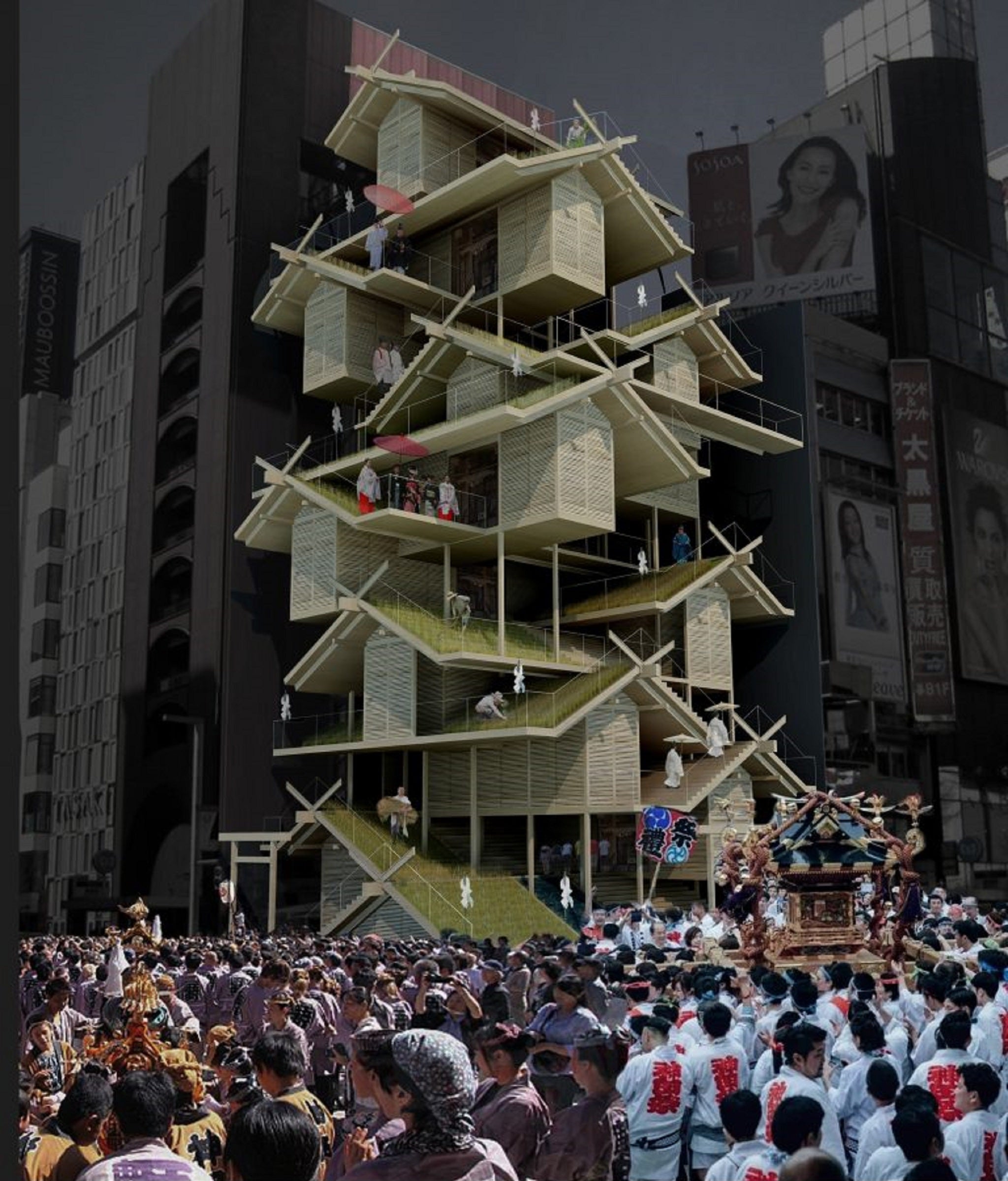 Hong Kong designer Tony Leung's Shinto Shrine/ Urban Rice Farming Skyscraper picked up second place in eVolo Magazine's 2018 Skyscraper Competition