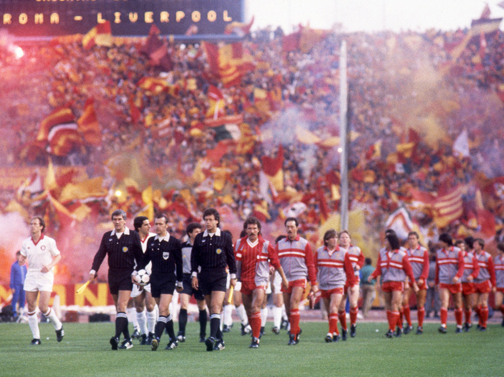 AS Roma 1 Liverpool 1 (2-4 pens) in May 1984 in Rome. Dario Bonetti clears  up at the back for Roma in the Europea…