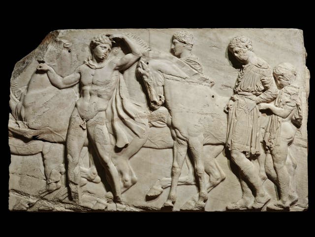 Unmounted  youths  preparing  for  the  cavalcade,  block  from  the  north  frieze  of  the  Parthenon, about 438–432  BC