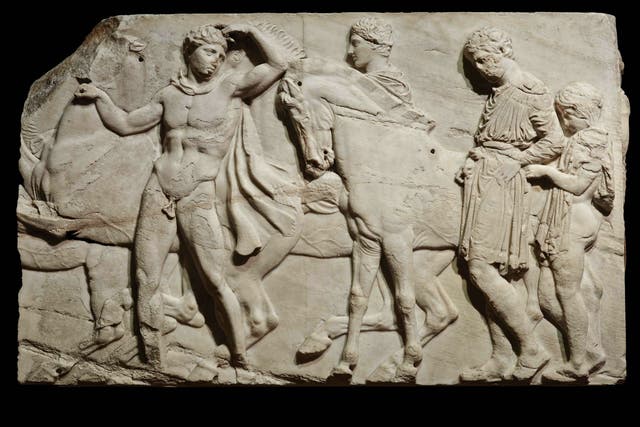 Unmounted  youths  preparing  for  the  cavalcade,  block  from  the  north  frieze  of  the  Parthenon, about 438–432  BC
